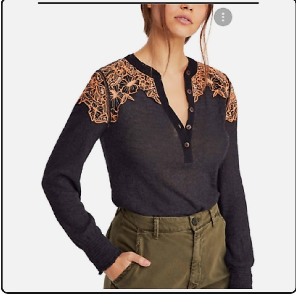 Free People Easy Breazy Henley Orange Coral Black Size Medium Ling Sleeve